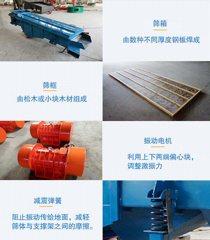 小型直線篩篩箱，篩框，振動電機，彈簧等部件圖片展示